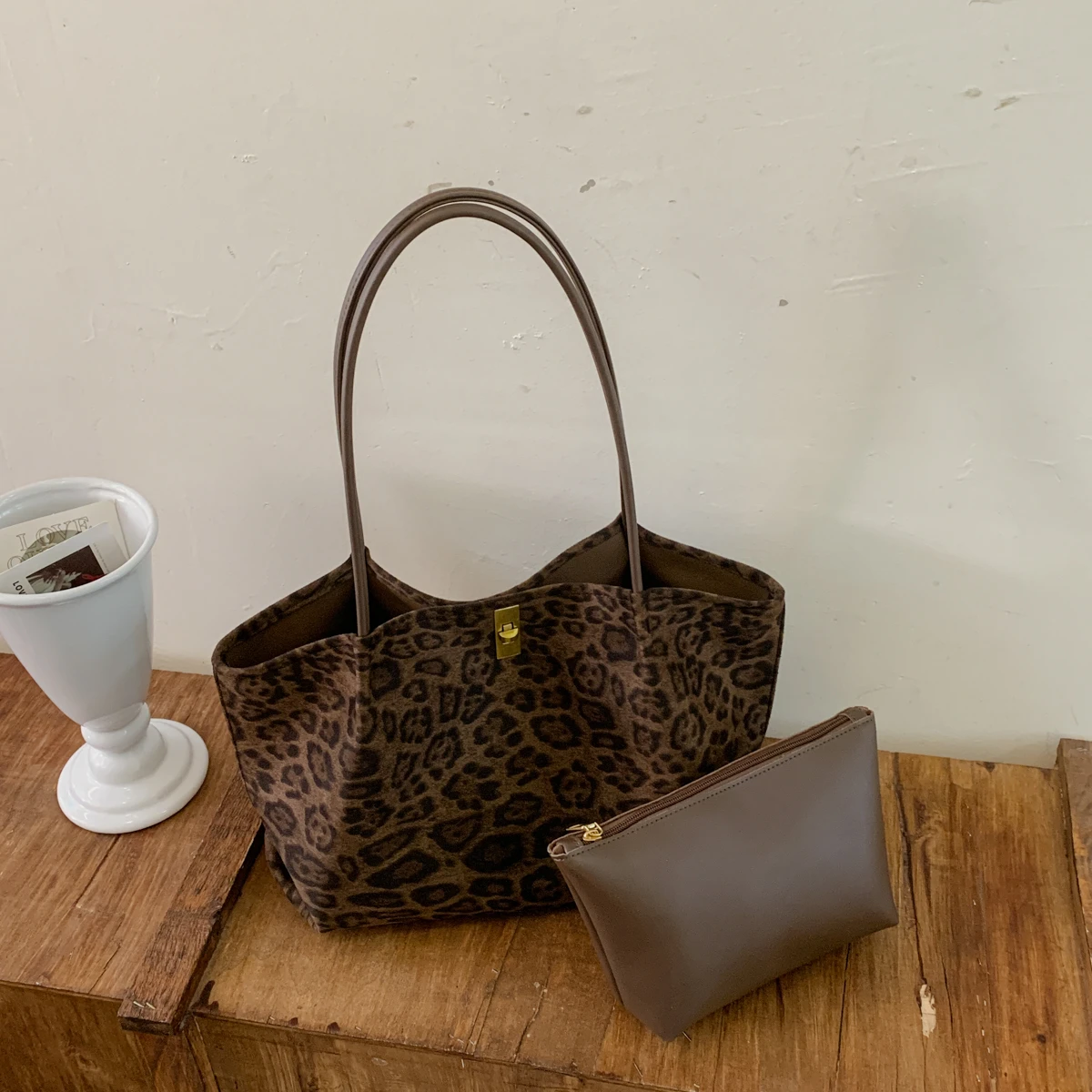 Women'S Bags Handbags - Retro Leopard Print Suede Tote Bag